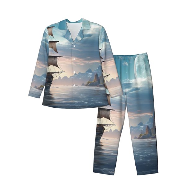 Fotbe Moonlit Sea Sailboat Pijama de Hombre con Estampado de Manga Larga, Conjunto de 2 Piezas, Ropa de Dormir Suave y Cómoda con Bolsillos-X-Large