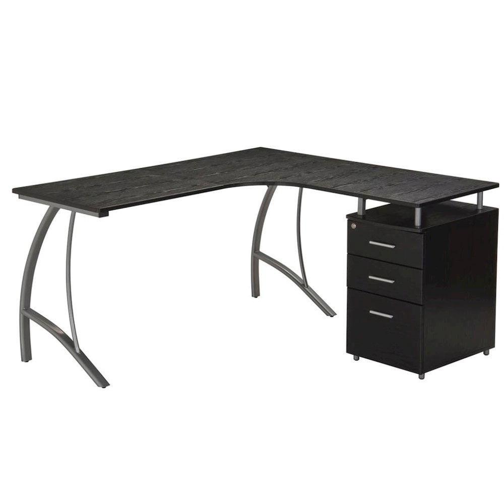 FurniFact Brown L Shaped Desk With 3 Drawers, Steel Frame Corner Computer Desk