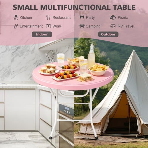 31.5" Round Folding Table, HDPE Cocktail & Bistro Table, Tool-Free Setup, Foldable for Outdoor Parties, Weddings, Cafes & Backyard, Pink