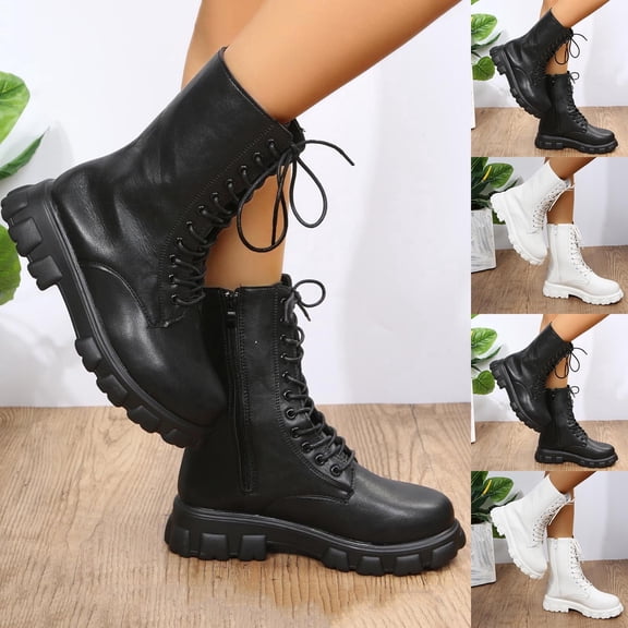 LOVZFMLL Boots for Women Ankle Tactical Boots Lace Up Round Toe Adjustable Straps Low Chunky Heel British Style Fall Winter