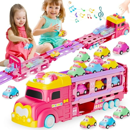 BTEPSGA Car Toys for Age 2 3 4 5 6 7 Year Girl Toddler, Foldable Track & 2 Player Race Mode Game, Light & Sound Push Transport Carrier Truck W/ 6 Princess Car, Birthday Gift Idea for Kid