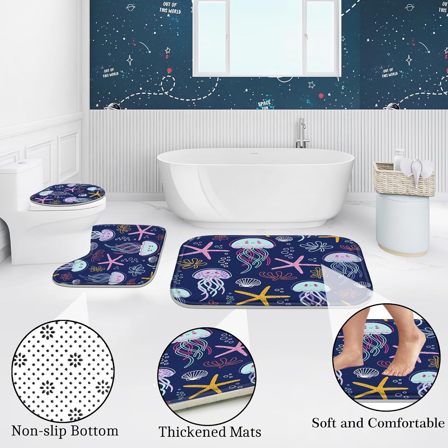 4 Pcs Bathroom Shower Curtain Set,Kid's Bathroom Set,Baby Octopus Shower Curtain Sets with Rugs(Bath Mat,U Shape and Toilet Lid Cover Mat) and 12 Hooks
