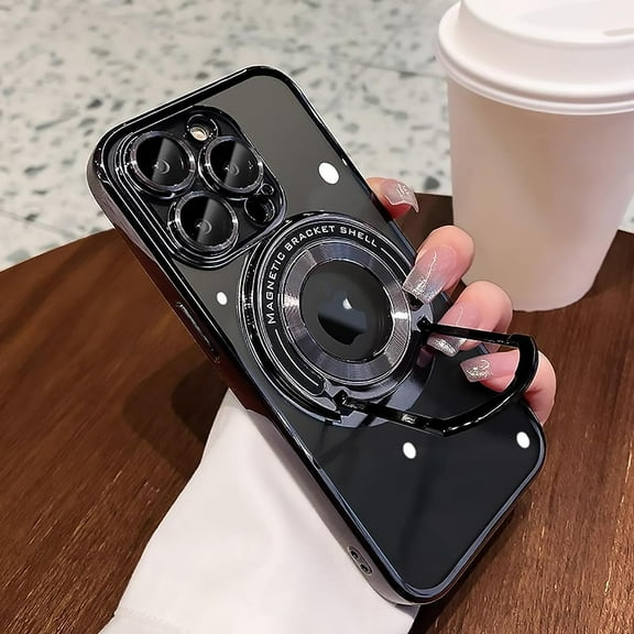 Compatible with iPhone 14 Pro Max Magnetic Clear Kickstand Case,Luxury Plating Transparent Bracket MagSafe Case with Full Camera Lens Protector for iPhone 14 Pro Max Women Girl Men-Black