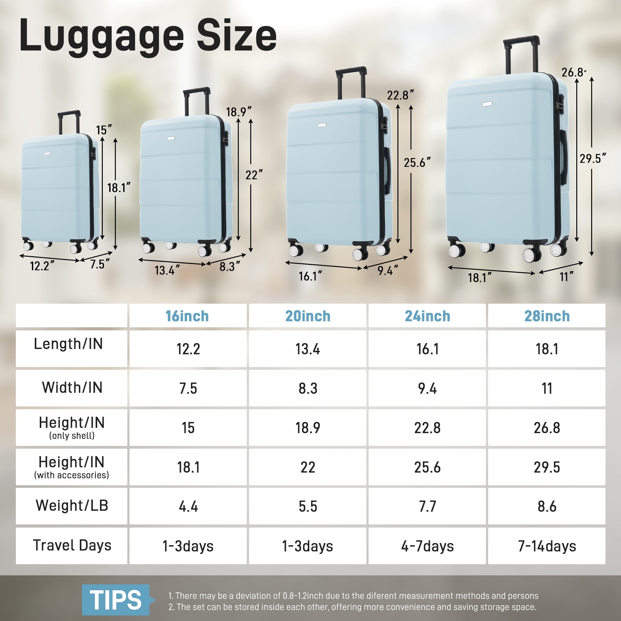 Euroco 6 Piece Luggage Sets, ABS Hardshell Suitcase Set with Password Lock,Spinner Wheels and 2 Bags,Durable Lightweight Carry on Suitcase with Handle for Travel,Light Blue(16"/20"/24"/28")