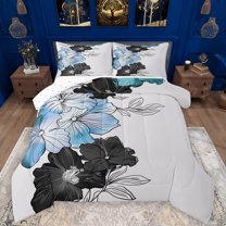Manfei Retro Rustic Floral Queen Comforter Set,Abstract Minimalist Art Bedding Sets,White Black Blue Bedding Comforter Set For Girl,Microfiber Bedroom Decor Reversible,3 Pieces