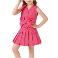 thumbnail image 2 of Cowsor Girls 3 Piece V Neck Vest Outfit 2 to 8 Years Bow Decor Top Pleated Skirt with Belt Cute Fashion Set for Party School Daily Wear Toddler Kids, 2 of 7