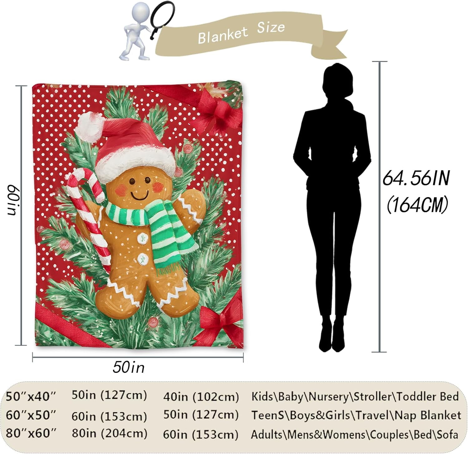 Christmas Gingerbread Men Blanket, Soft Lightweight Flannel Cute Cookie Holiday Blanket for Couch, Bed, Travel & Home Decor Gifts, Cozy Warm Blankets for Adults Users Women Women 60×50 in