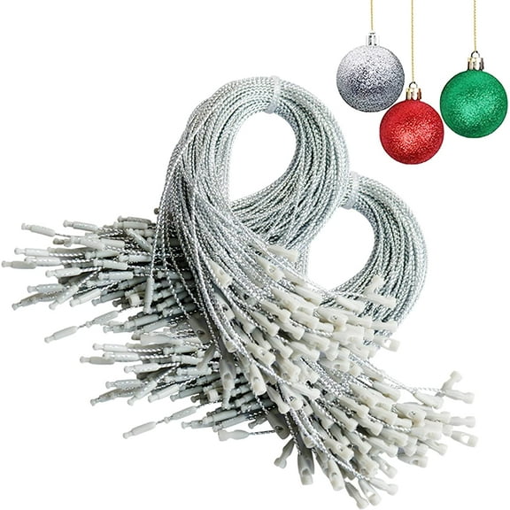 Christmas Ornaments Hanger String 200Pcs Silver Ribbon Ornament Hook Ropes Precut String with Snaps Locking for Xmas Ornament Hanging Decorations