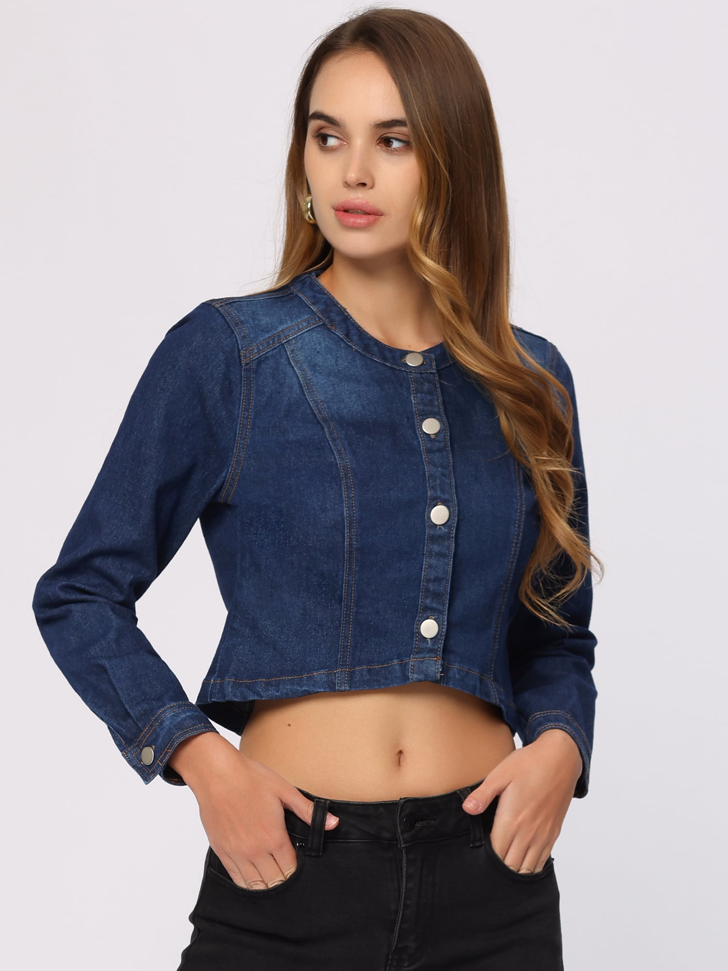 DARING DIVA Women's Collarless Button Down Long Sleeve Denim Jacket L Dark Blue