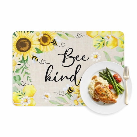Placemats Set of 1 Farmhouse Sunflower Bee Leaf Faux Leather Placemat Waterproof Oil-Proof Wipeable Table Mats 12x18in Pastoral Botanical on Linen Washable Place Mats for Kitchen Dining Table Party