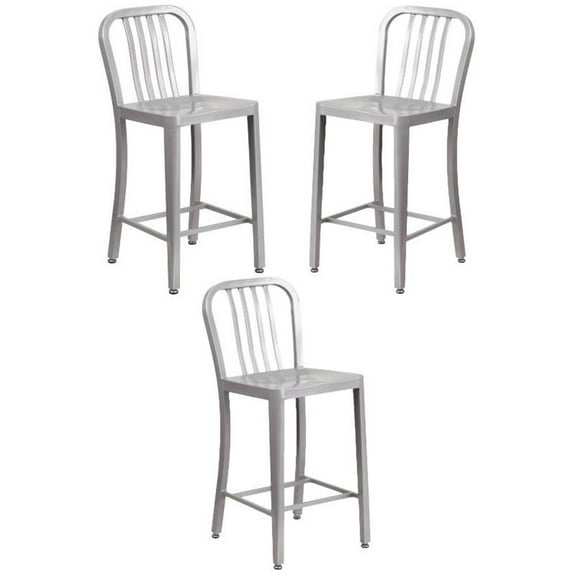 Home Square 24" Metal Vertical Slat Back Counter Stool in Silver - Set of 3