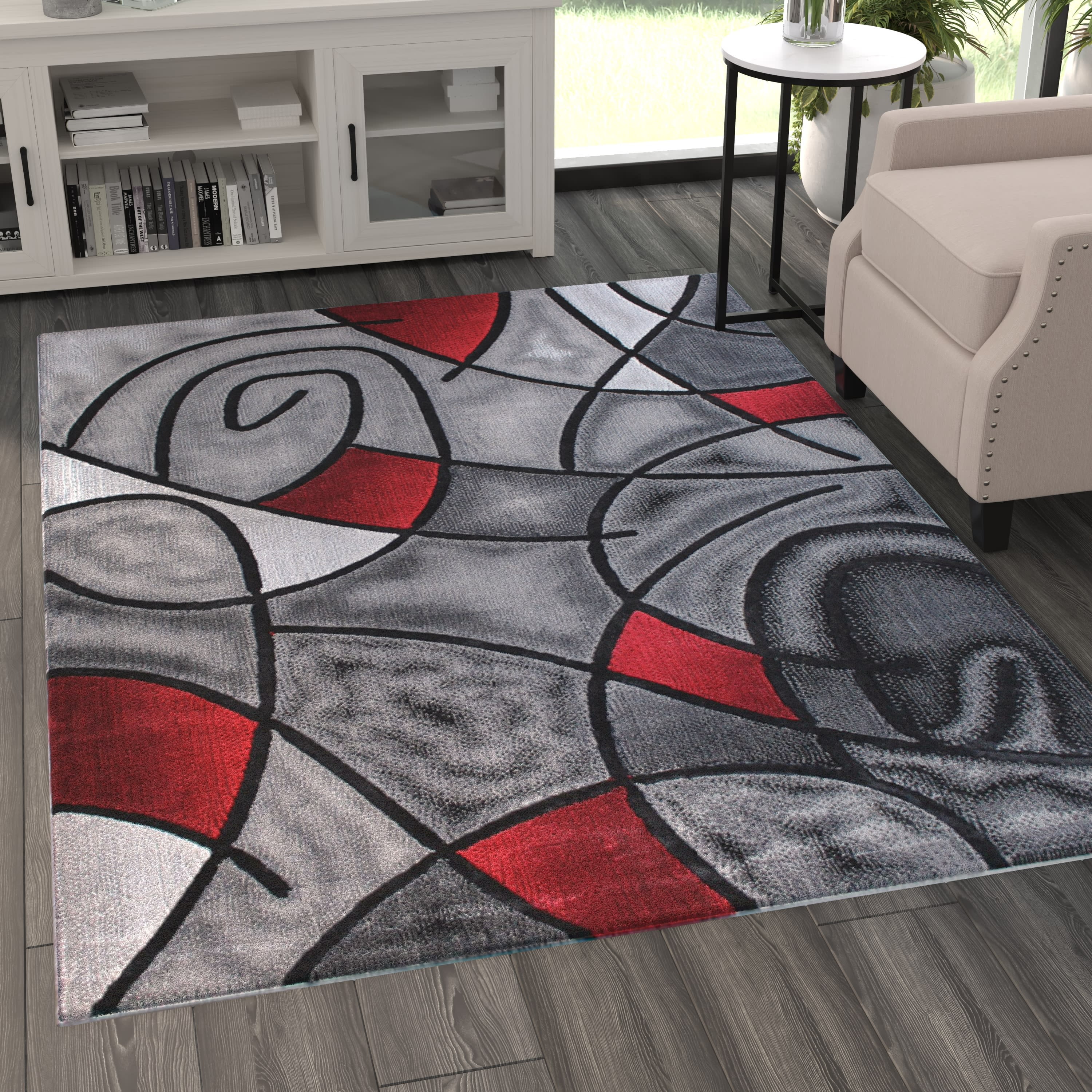 BizChair Modern Contemporary Area Rug, Red Grey Black. (5 Feet X 7 Feet