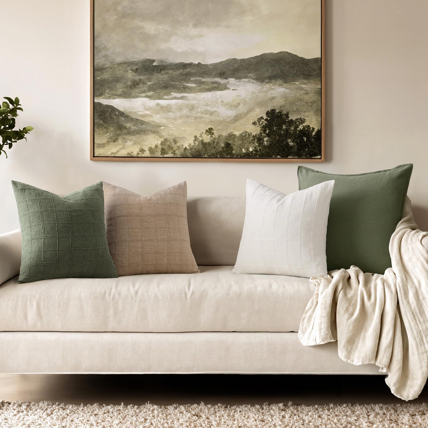 Linen Check Throw Pillow Covers Set of 2 - Natural Beige Farmhouse Modern Boho Vintage Decorative Cushion Covers for Sofa Couch Bedroom Living Room Decor（no pillow inset）