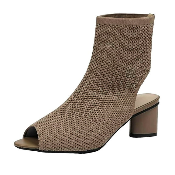 Mepaouo Knit Peep Toe Booties for Women Slingback Heel Ankle Boots Hollow Heeled Dress Sandals(Khaki,8.5)