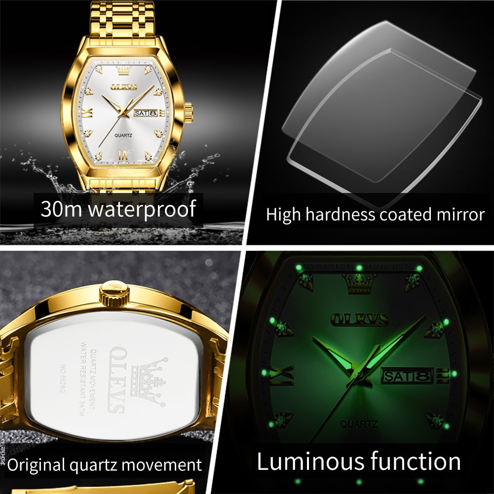 OLEVS Mens Watches Square Business Dress Diamond Analog Quartz Date Luxury Watches for Men Dress Casual Stainless Steel Waterproof Luminous Mens Wrist Watches Gifts Reloj para Hombre Gold/Black Dial