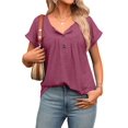 thumbnail image 3 of Women's Tops Dressy Casual Blouses Short Sleeve Shirts Clothing Summer Outfits Button Pleated Front Wine Red S, 3 of 10