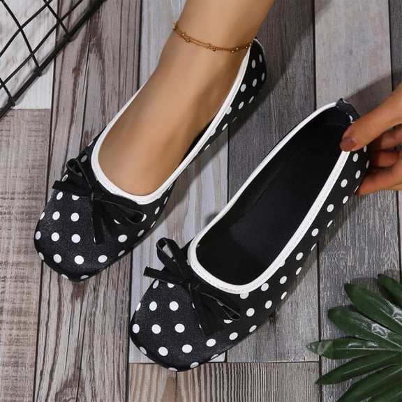 Women’s Casual Loafers, Soft Soled Flat Shoes, Polka Dot Satin Upper, Bow Detail, Cushioned Insole, Slip-On Comfort, Versatile Indoor Outdoor Footwear, Fashionable Everyday Wear Black