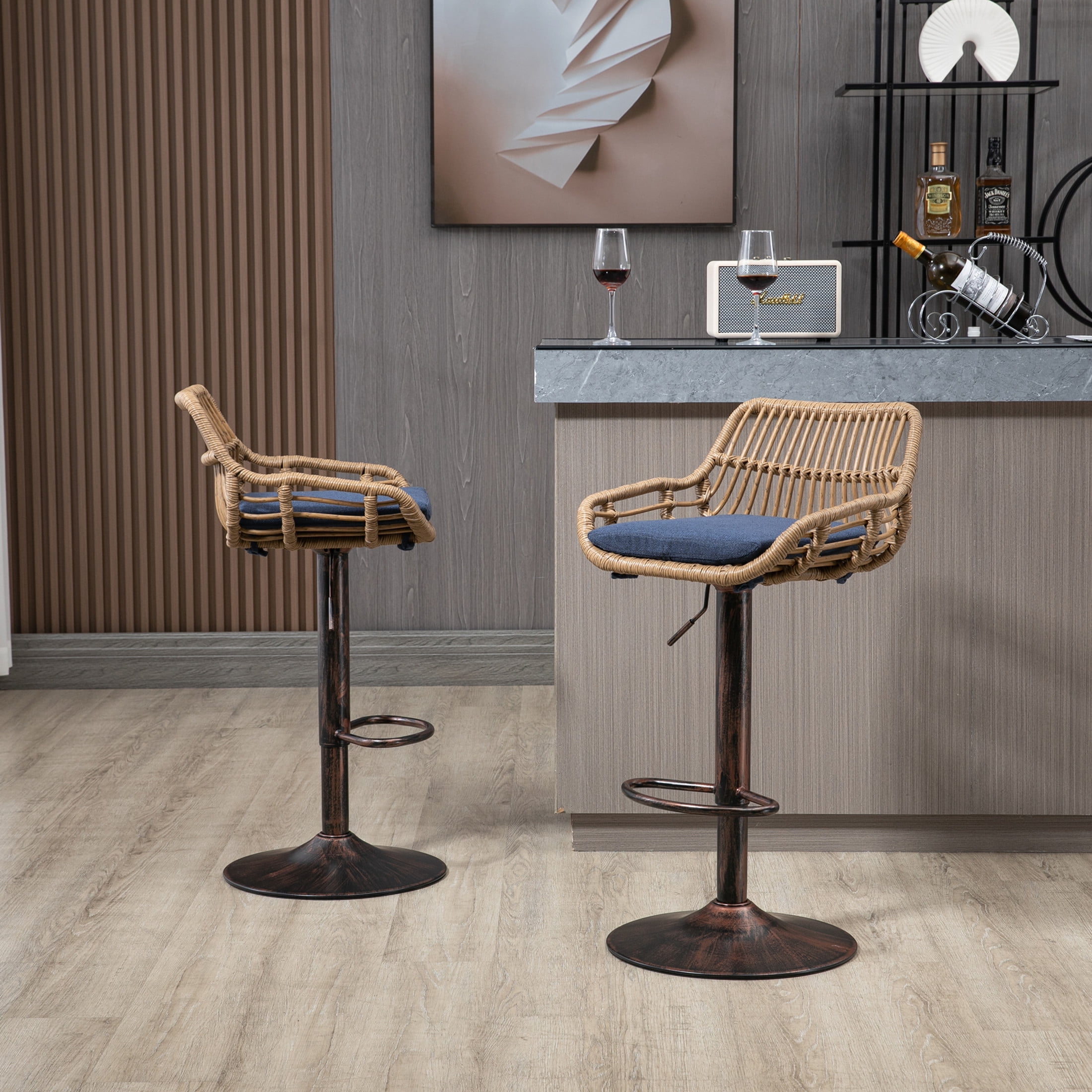 Noble House Swivel Bar Stools Set of 2, Adjustable Counter Height Chairs with Footrest, Blue