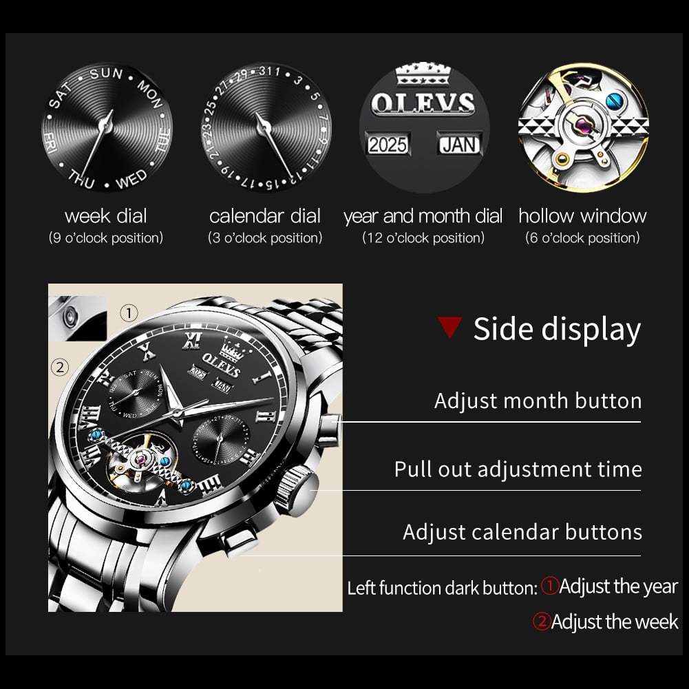 OLEVS Automatic Watches for Mens Self-Winding Mechanical Chronograph Classic Fashion Business Tourbillon Skeleton Stainless Steel Waterproof Luminous Mens Wrist Watches Reloj Para Hombre