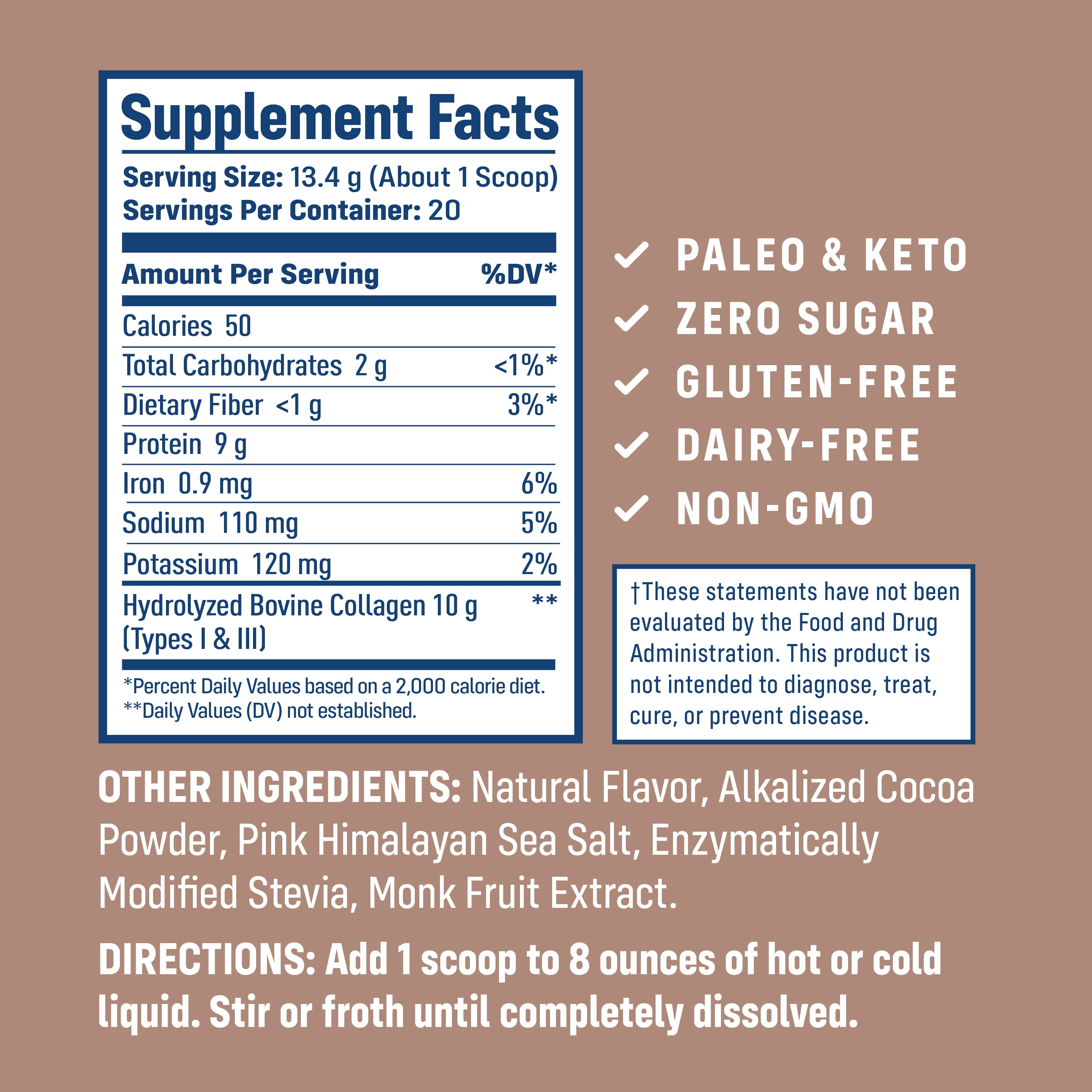 NativePath Chocolate Collagen Peptides Powder, Grass-Fed Type 1 and 3, Keto, 20 Servings