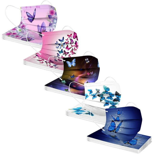 HUGFEGWE 50 Pcs Papillons Masques Jetables pour Adultes, Masques Jetables Respirants avec Motifs de Papillons CJB91-40414