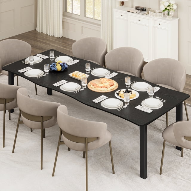 Modern Minimalist Rectangular Dining Table, 79 Inch Wave Edge Waterproof MDF Top with Scratch Resistant Surface, Sturdy Metal Legs, Seats 6-8 People, Easy Assembly for Kitchen Dining Room Study, Black