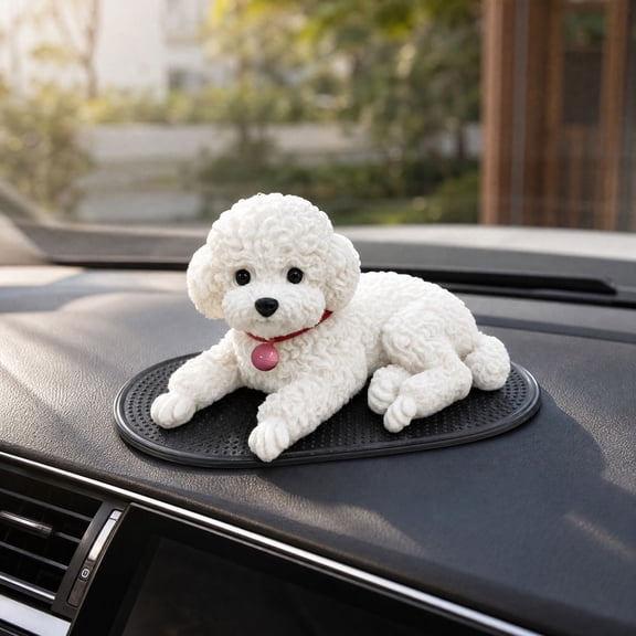 Silicone Dog Dashboard Decoration For Car, Realistic White Puppy Figurine With Anti Slip Mat, Soft Squeezable Interior Ornament, Auto Accessory for Vehicle Dashboard