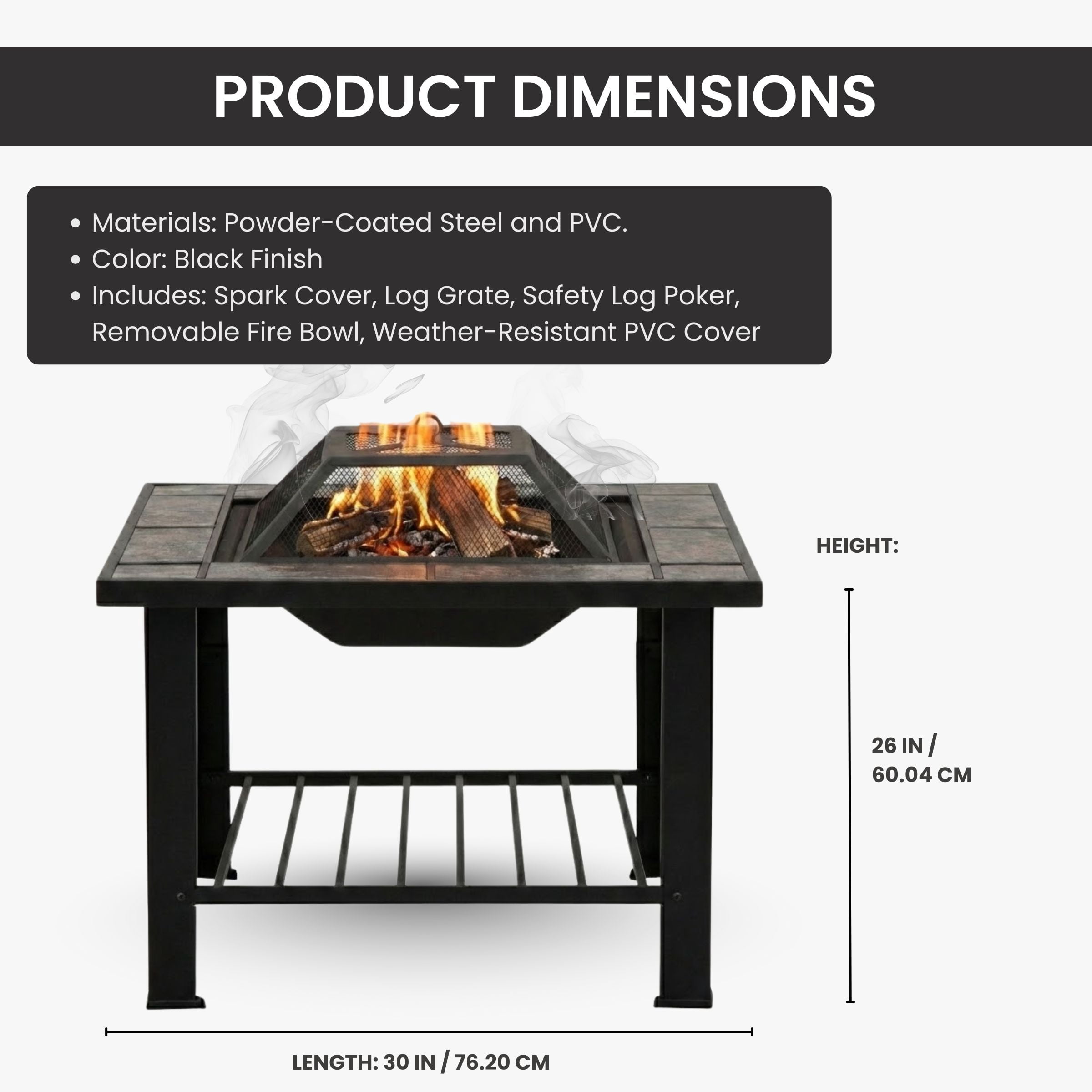 Fire Pit Set, Wood Burning Pit - Includes Screen, Cover and Log Poker - Great for Outdoor and Patio, 30 inch Square Marble Tile Firepit by Pure Garden