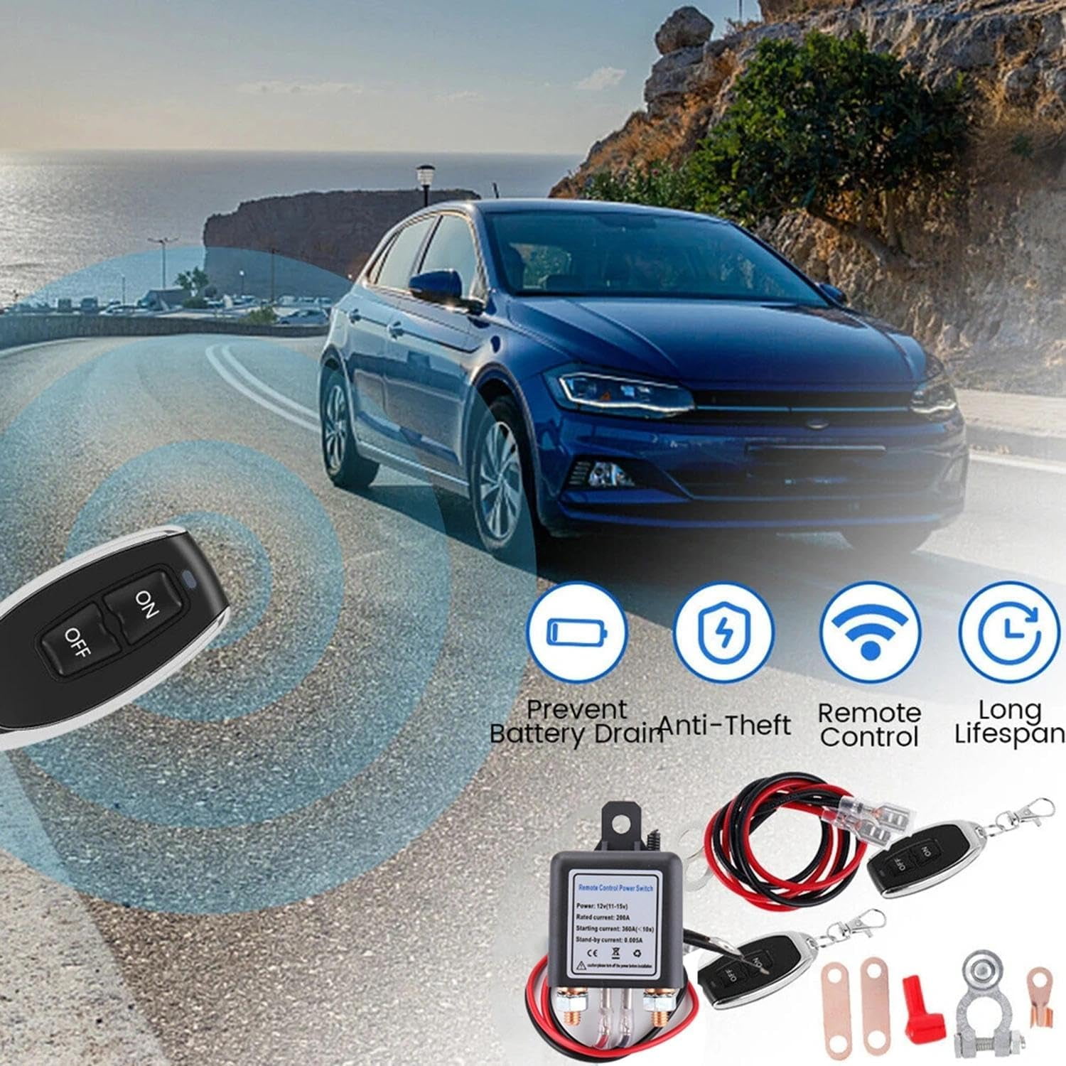 Wireless Remote Control Battery Relay Switch, Battery Disconnect Switch Anti Theft with Two Control Key Fobs, Remote Car Batterys Disconnect to Car, Truck, RV