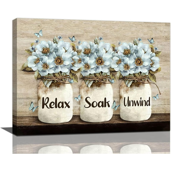 Farmhouse Flower Bathroom Decor Wall Art Rustic Butterfly Floral Pictures Wall Decor Relax Soak Unwind Bathroom Sign Canvas Painting Prints Artwork Home Decorations Framed for Bathroom Bedroom 16"x12"