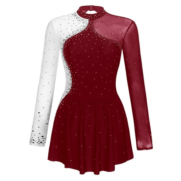 inhzoy Women's Figure Skating Dress Shiny Long Sleeve Ice Roller Skating Dance Dresses Leotards Burgundy L