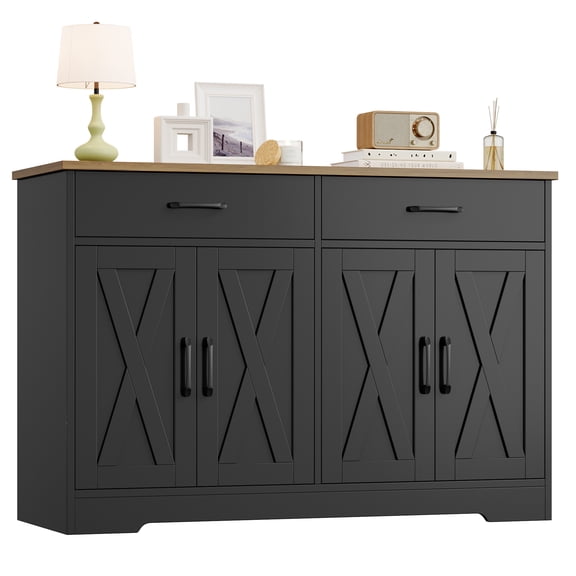 Hiphuta 47"Farmhouse Sideboard Storage Cabinets with 4 Doors & 2 Drawers, Coffee Bar with Brown Top for Living Room, Black