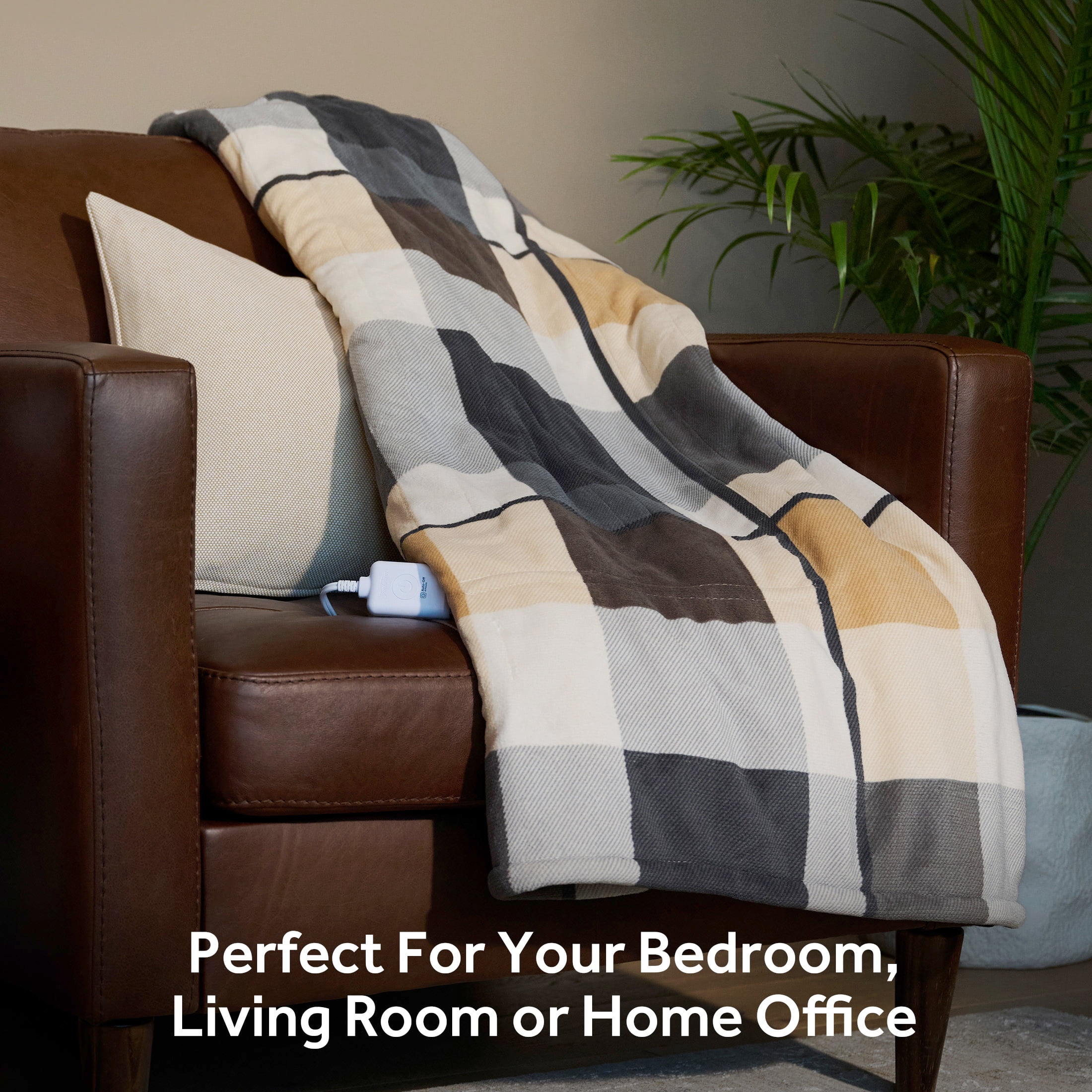 Sunbeam Throw Neutral Plaid Microplush Sherpa/Faux Shearling, 4 Heat Settings, 4-Hour Auto Shut-Off, Electric Heated Blanket, 50” x 60”