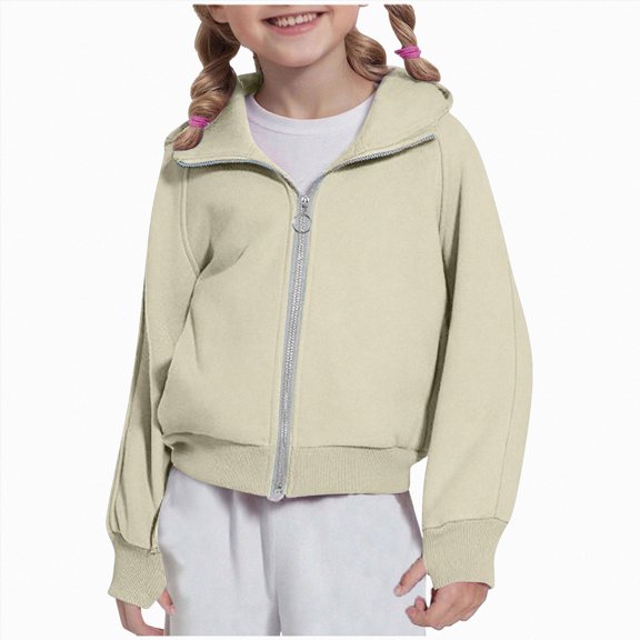 Quealent Cropped Zip up Hoodies for Girls Trendy Fashion Preppy Clothing Teen Winter Cute Hooded Sweatshirt Clothes (Beige, 5-6 Years)