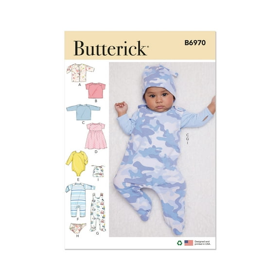 Butterick Sewing Pattern 6970 - Infants' Jacket, Tops, Dress, Rompers, Diaper Cover and Hat, Size: A (XXS-XS-S-M-L)
