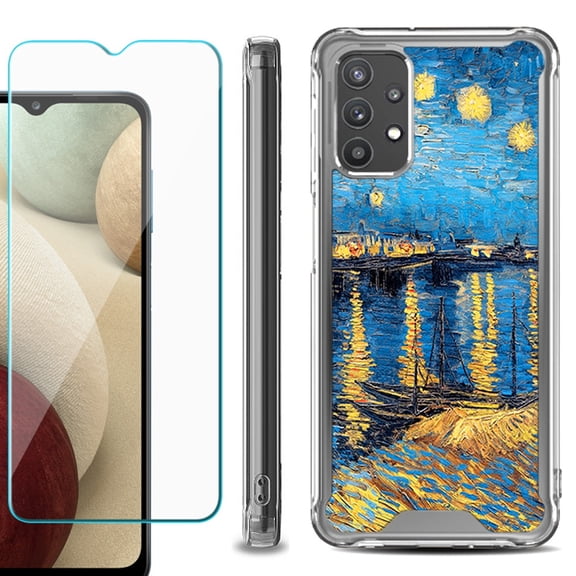 Shockproof Bumper Phone Case for Samsung Galaxy A32 5G, with Tempered Glass Screen Protector, by OneToughShield ® - Starry Night Rhone