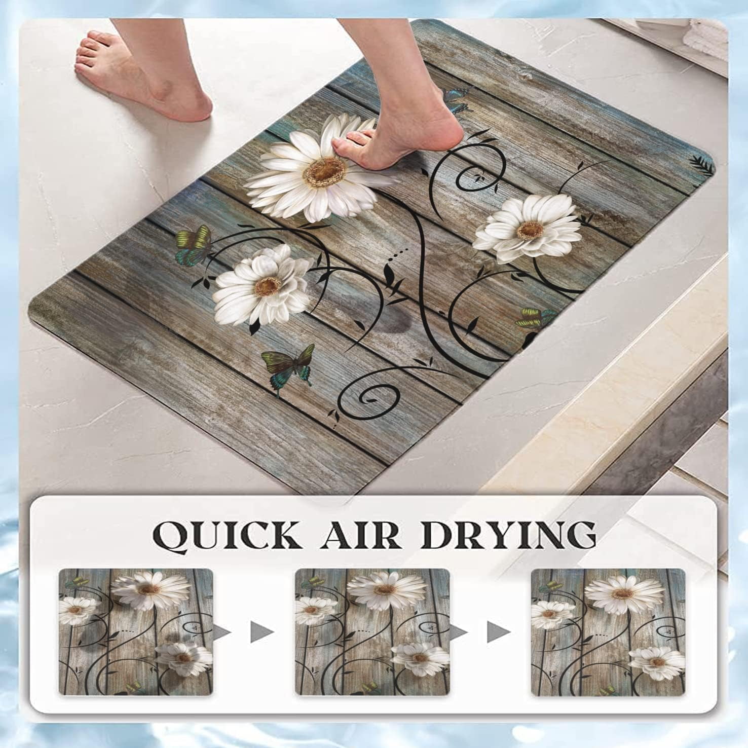 Rustic Daisy Bathroom Rugs Grey Floral Butterfly Bath Mat, Farmhouse Absorption Non-Slip Floor Mat, Daisy Bathroom Bedroom Decor(Rectangle,27×17 inch)