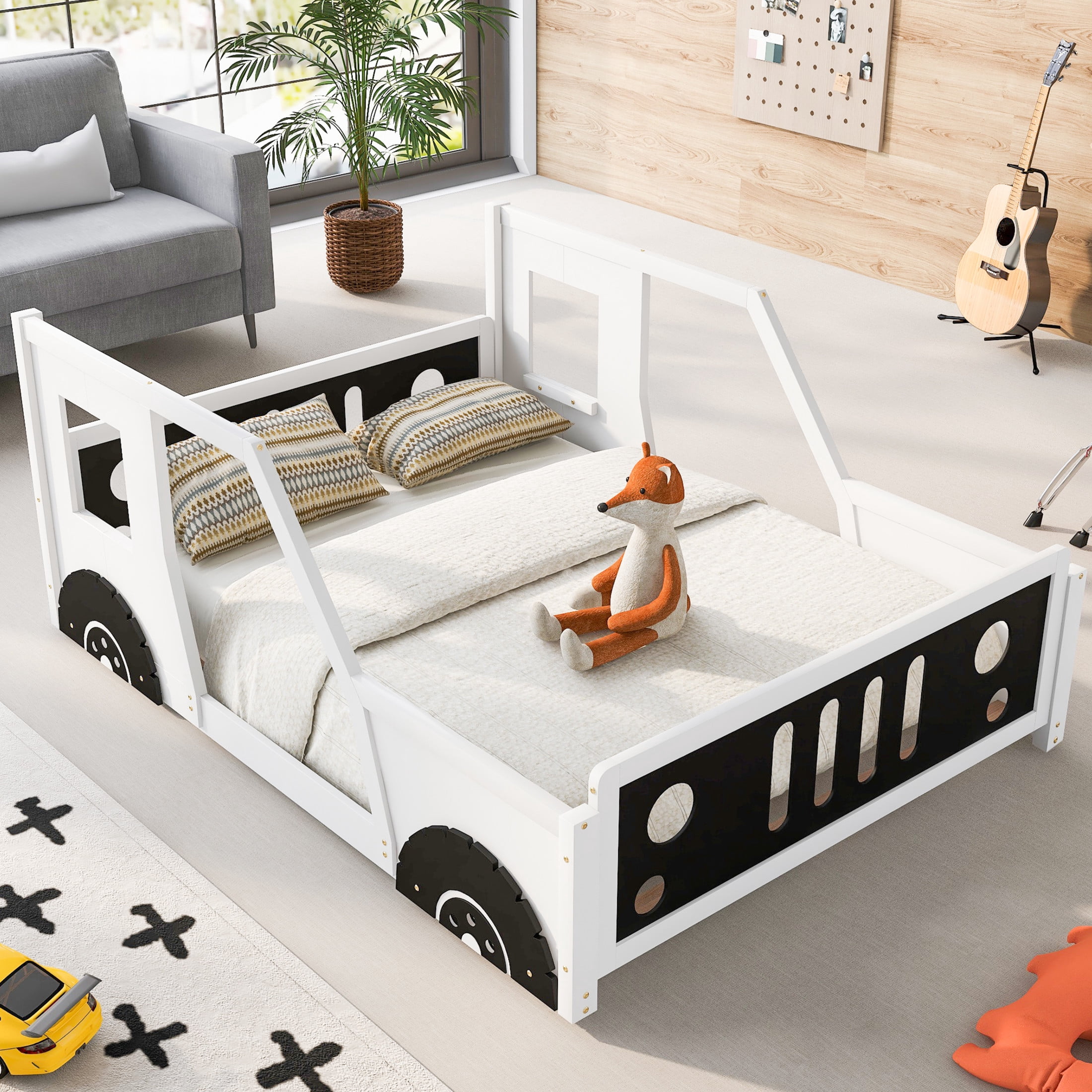 Noble House Full Classic Car-Shaped Platform Bed, Playful Pine Wood Frame with Doors and Wheels, White