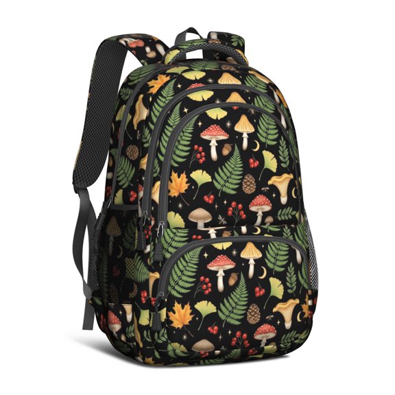 Mushroom and Leaf Black Pattern Cute School Backpack Bag with Padded Back and Adjustable Shoulder Straps 16.9 X 12.6 X 5.9 Inches