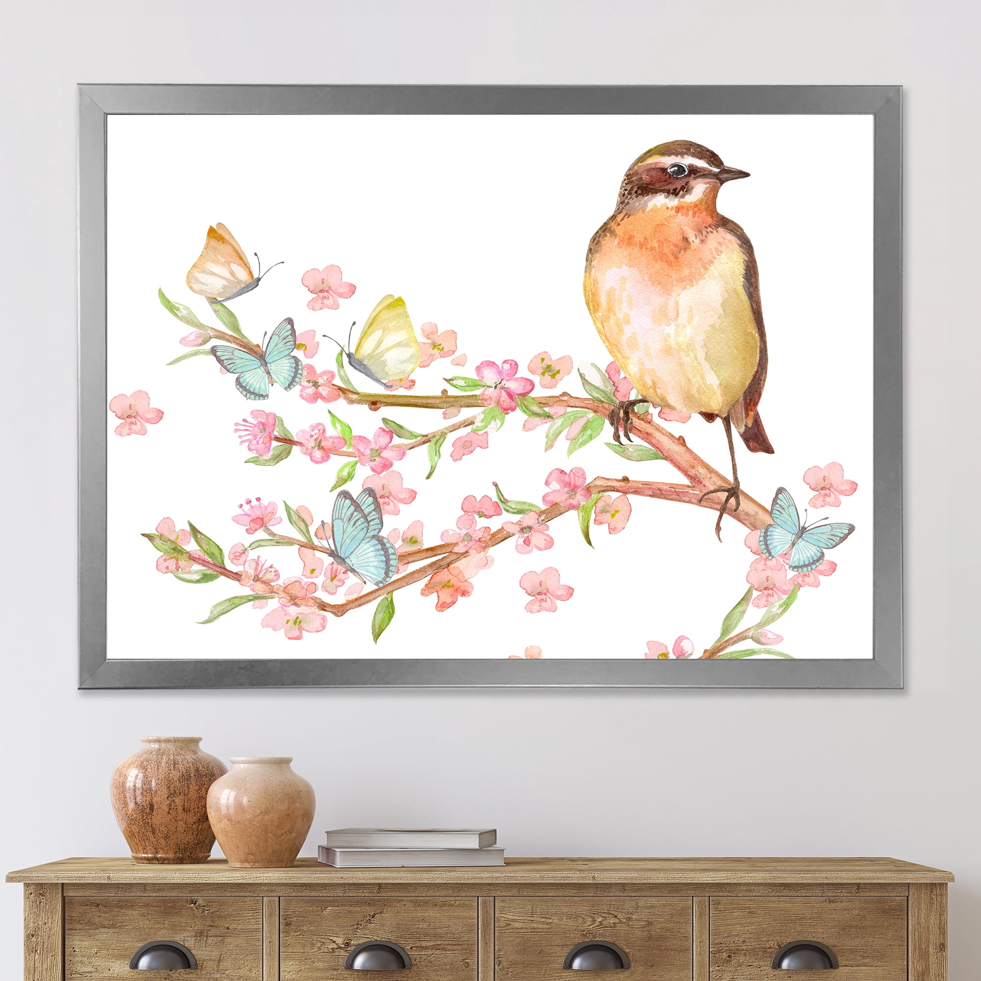 Designart 'Lovely Bird Sitting On Branch of Sakura With Butterflies' Traditional Framed Art Print