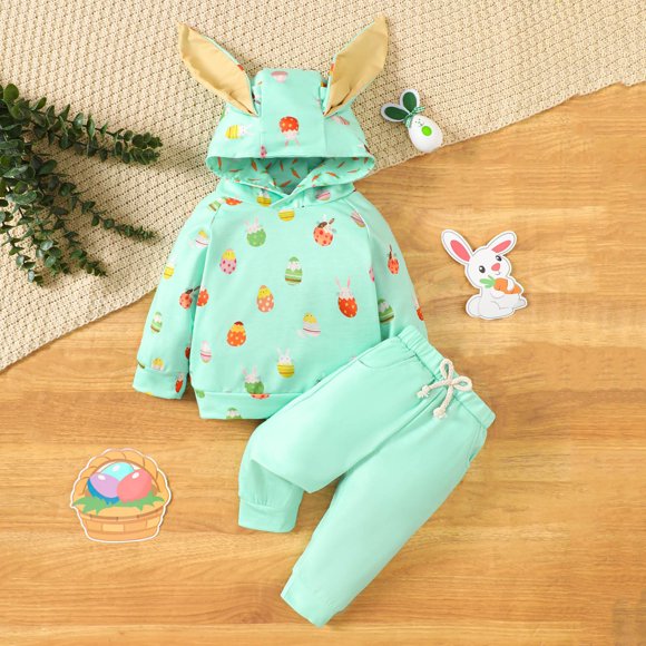 Hfolob Toddler Girl Clothes Outfits Easter Boys Long Sleeve Rabbit Prints Hooded T Shirt Pullover Tops Pants Cute 2 Piece Outfits 6-12 Months