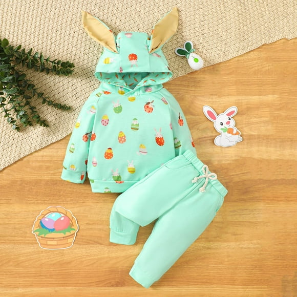 Hfolob Toddler Girl Clothes Outfits Easter Boys Long Sleeve Rabbit Prints Hooded T Shirt Pullover Tops Pants Cute 2 Piece Outfits 6-12 Months