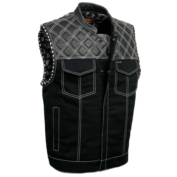 Milwaukee Leather MDM3035 Men’s Wrecker Club Vest – Black Denim & Leather, Diamond Quilt, White Stitch Medium