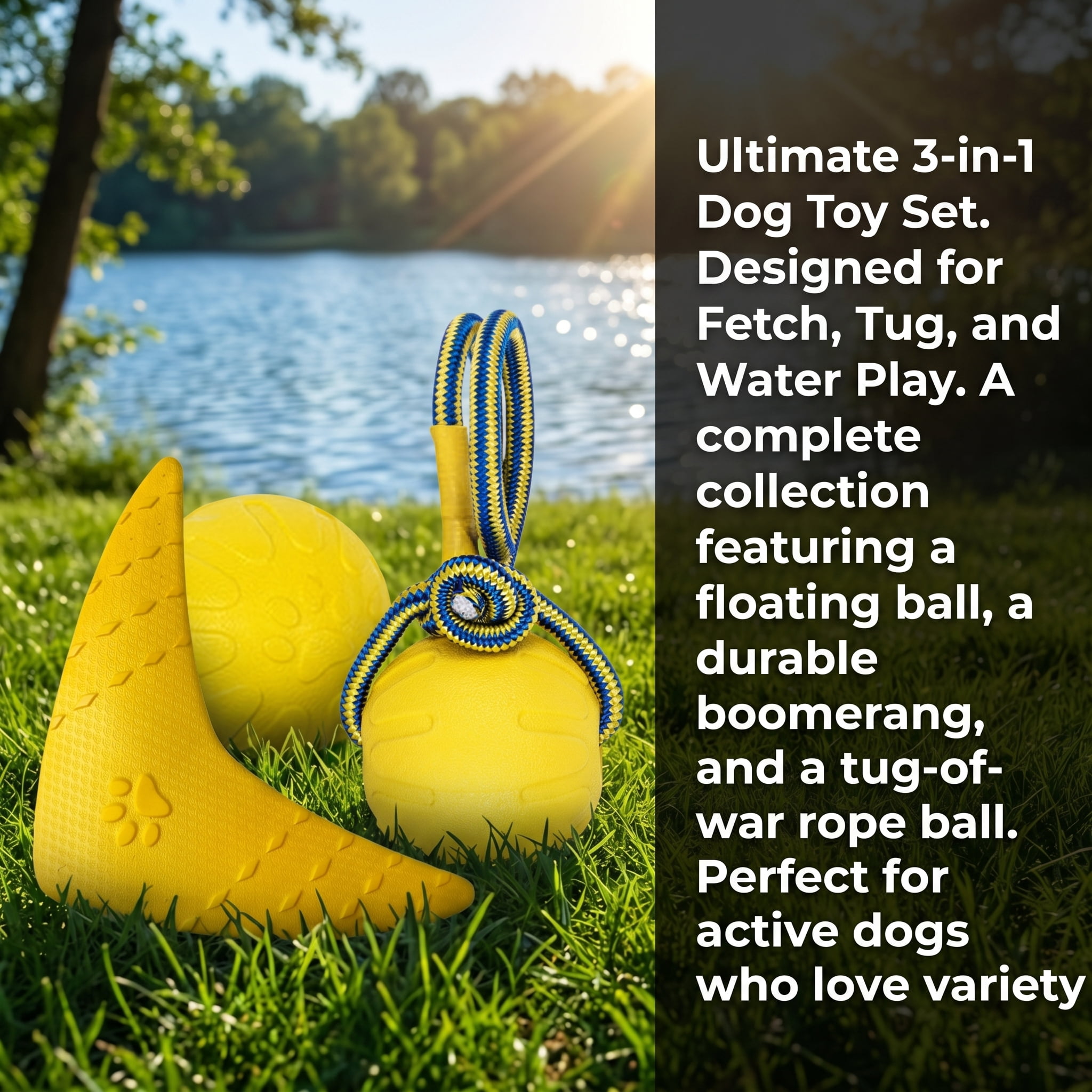 3-in-1 Floating EVA Dog Toys Set - Tug-of-War Rope Ball, Boomerang & High-Bounce Training Ball for Interactive Outdoor Play, Water-Friendly, Durable Chew Toys for Small, Medium & Large Dogs