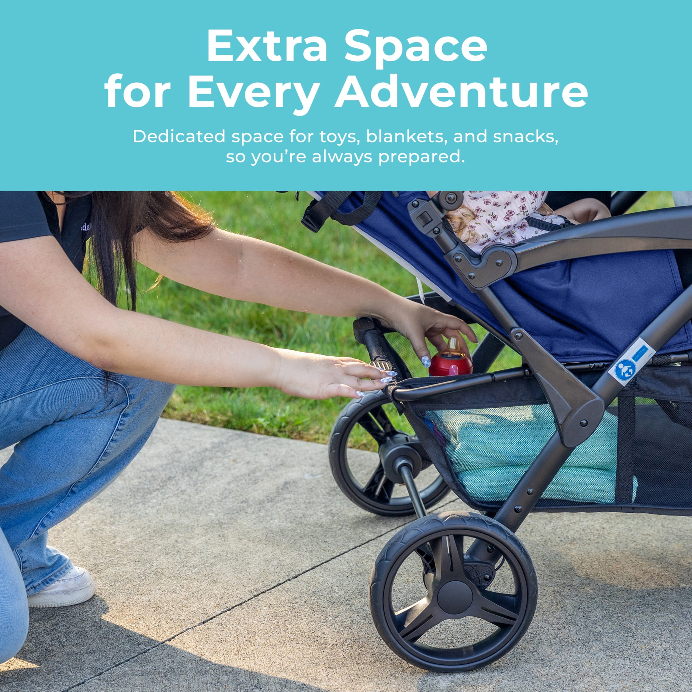 Foundations Gaggle Odyssey 4-Seat Quad Stroller, Reclining Bench Seats with Canopy, Navy/Gray