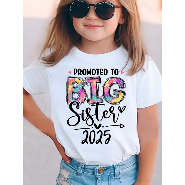 Big Sister 2025 Alphabet Print T-Shirt for Girls - Casual Crew Neck Short Sleeve Top, Polyester Knit Fabric with Medium Stretch, Perfect for Spring/Summer/Fall