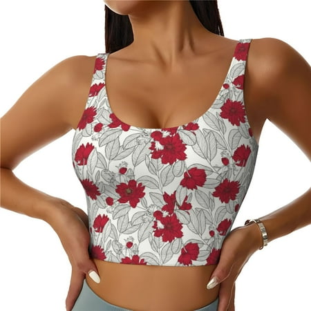 Jgfou Leaves And Anemone Flowers In Red Grey Print Womens Sports Bra - Padded Workout Sports Bras Crop Tank Top