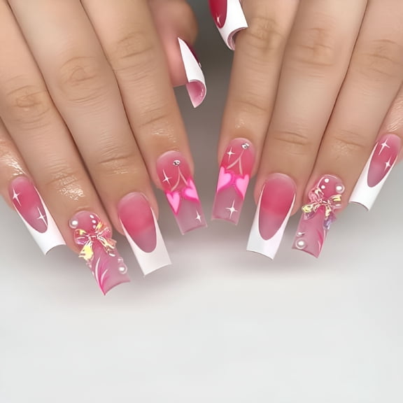 RAGUPEL French Tip Press on Nails Pink White Square Medium Fake Nails Glue on Nails with Ribbon Hearts Pearl Design False Nails with Glue Gel Women 24Pcs Acrylic Stick on Nail for Wedding