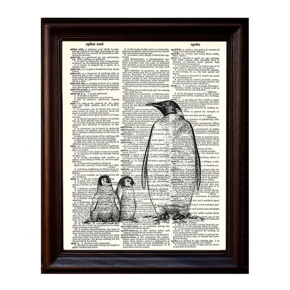 Penguin Family Black and White - Dictionary Art Print Printed On Authentic Vintage Dictionary Book Page - 8 x 10.5