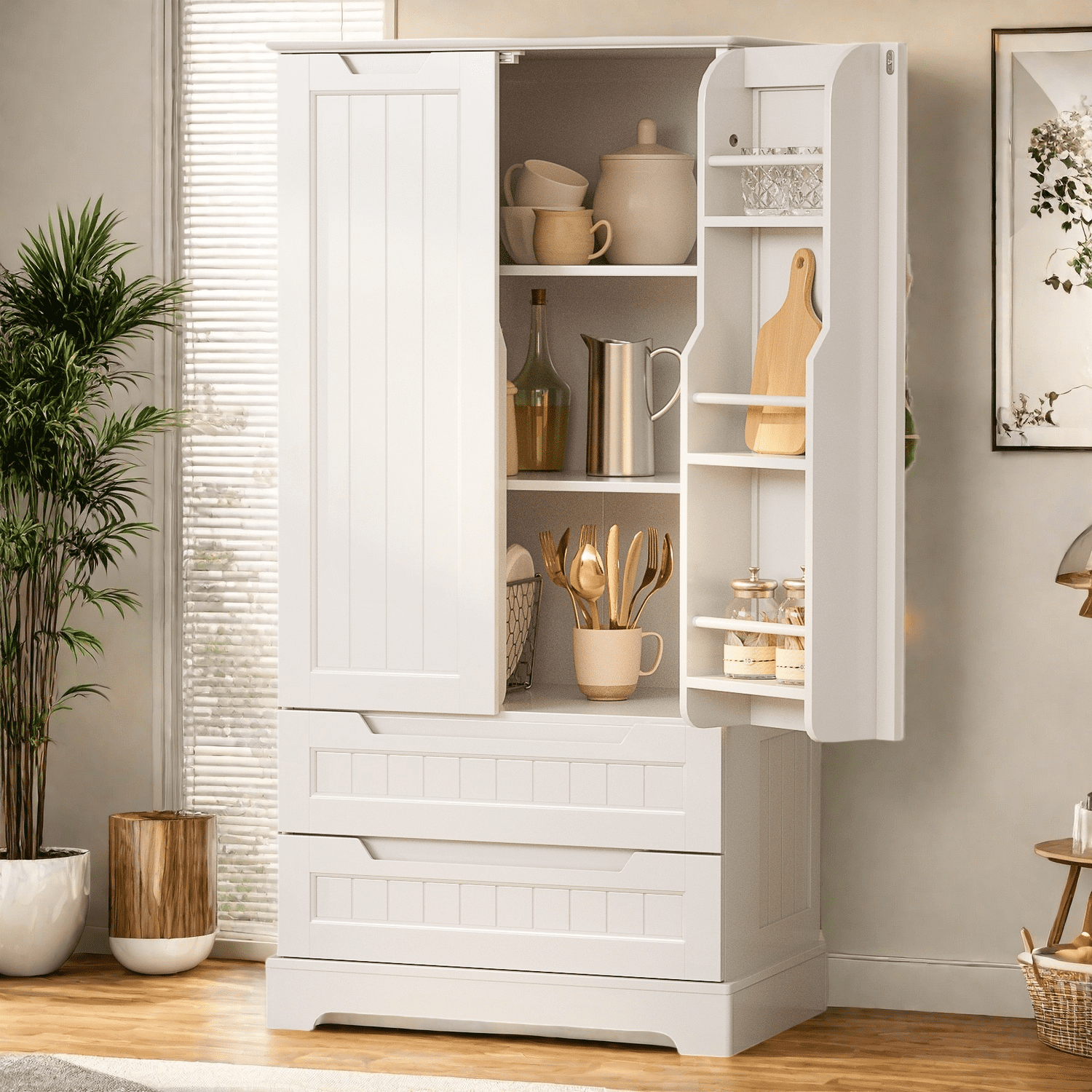 47" H Kitchen Pantry Cabinet with 2 Doors, 2 Drawers and 8 Shelves, Solid Wood Storage Cabinet in White